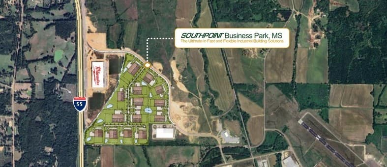 Aerial view of SouthPoint Mississippi industrial business park in Grenada, MS
